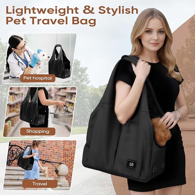 Dog Purse Carrier for Small Dogs, Cats, and Puppies – Soft-Sided Travel Pet Tote Bag with 4 Large Pockets, Foldable, Lightweight, Fits Pets up to 15 lbs, for Travel, Outings (Black)-PurrikoPets