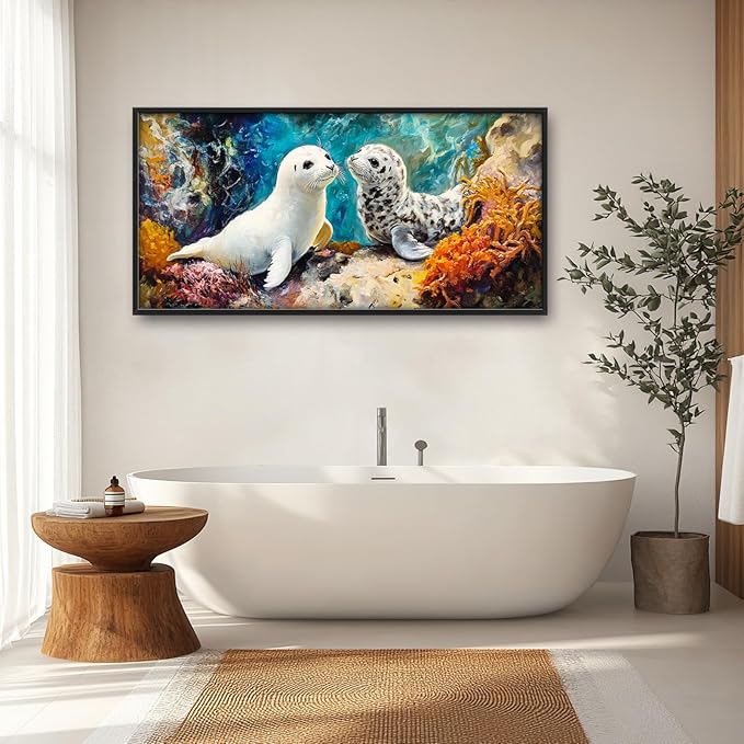 Extra Large Seal Framed Wall Art for Living Room,Oversized Underwater Animal Pictures Wall Decor,Ocean Coral Reef Canvas Print Painting Modern Artwork Bedroom Office Bathroom 60L" x 30W"-PurrikoPets