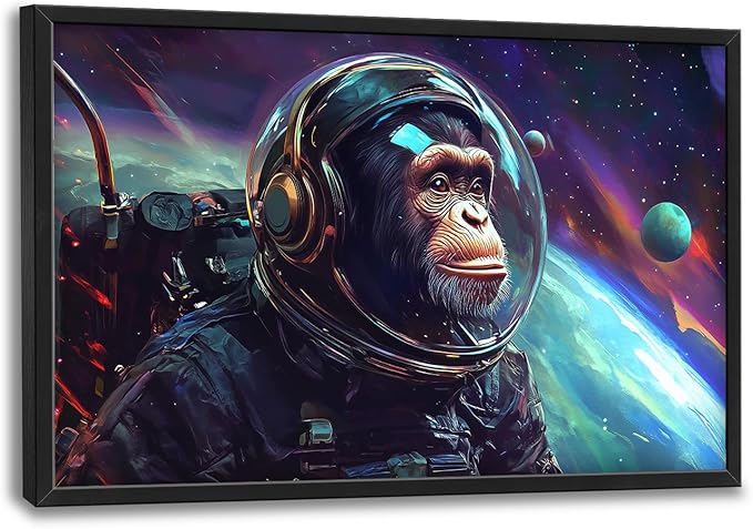 Framed Large Monkey Astronaut Wall Art, Oversized Chimpanzee Spacemen Wall Decor for Living Room, Outer Space Canvas Painting Pictures Modern Artwork for Living Room Bedroom Office 36"x24"-PurrikoPets