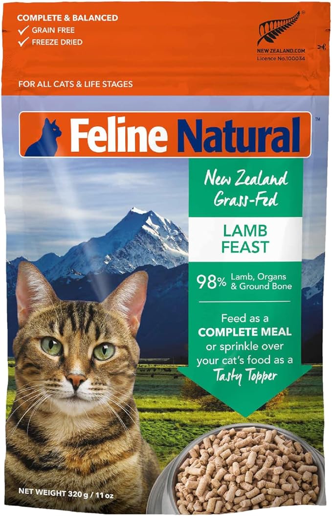 Feline Natural High Protein Dry Cat Food, Freeze-Dried Diet with 98% Meat, Organs & Seafood, No Peas, Grains, or Artificial Additives, Made in New Zealand, Lamb, 11oz-PurrikoPets