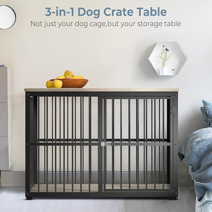 43'' Dog Crate Furniture with 3 Doors, XL Wooden Crate End Table, Heavy Duty Indoor Puppy Cage Kennel for Medium to Large Dogs, Multiple Units Can be Combined-PurrikoPets