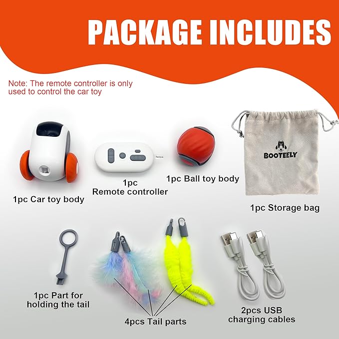 1pc Interactive Automatic Remote Control Cat Mice Car Toy and 1pc Smart Electric Moving Speedy Cat Ball Toy with Feather Tail, Suitable for Dogs, Keep Busy, Stimulating, Rechargeable (orange)-PurrikoPets