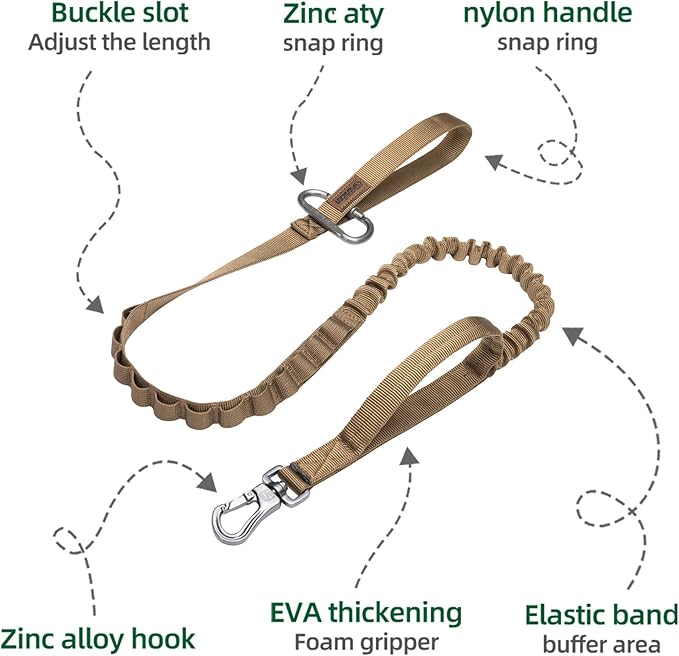 EXCELLENT ELITE SPANKER Tactical Bungee Dog Leash Military Adjustable Dog Leash Quick Release Elastic Leads Rope with 2 Control Handle(Coyote Brown)-PurrikoPets