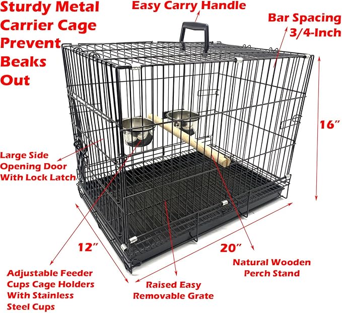 Durable Easy Portable Collapsible Metal Travel or Veterinary Collapsable Parrot Bird Carrier Beaks-Proof Easy Clean Carrier Cage with Stainless Steel Feeder Bowls Natural Wooden Perch-PurrikoPets