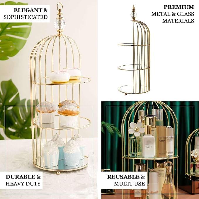 Efavormart 22" - 3 Tier Crystal Mirror Top Gold Metal Bird Cage Cupcake Cake Stand, Dessert Display for Wedding, Party, Birthday, Baby Shower Celebrations, Home Decorations-PurrikoPets