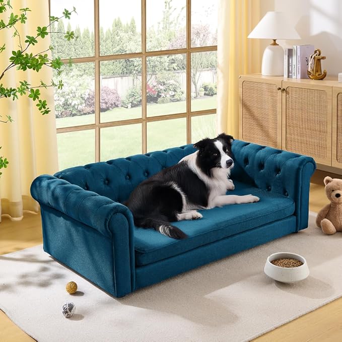 Dog Sofa Couch for Medium to Large Dogs, 55" Memory Foam Pet Sofa Couch with Washable Fabric, Durable Elevated Dog Bed with Legs, Removable Cushion for Medium and Large Dogs, Blue-PurrikoPets
