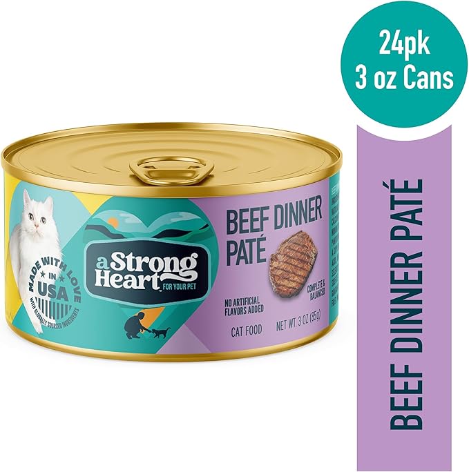A Strong Heart Canned Wet Cat Food, Beef Dinner Paté - 3 oz Cans (Pack of 24), Made in The USA with Real Beef-PurrikoPets