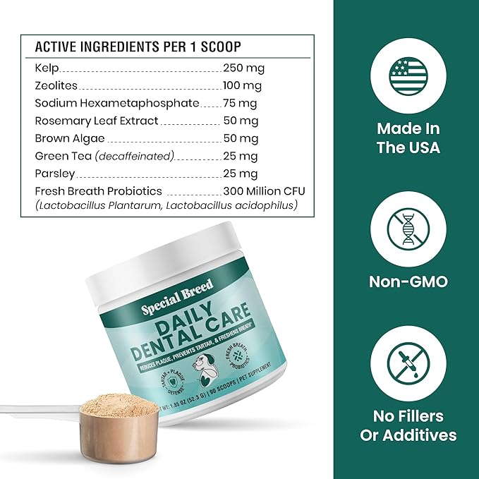 Dog Teeth Cleaning Powder – Natural Dog Dental Powder for Tartar Control, Fresh Breath & Gum Health – Daily Plaque Remover with Zeolite, Brown Algae, Probiotics & Rosemary – 90 Scoops-PurrikoPets