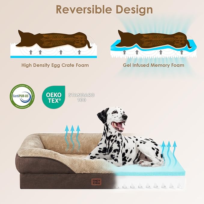 EHEYCIGA Memory Foam XXL Dog Bed for XLarge Sized, Extra Large Orthopedic Dog Sofa with Sides and Waterproof Liner, Washable Bolster Pet Couch with Removable Cover, 52x41x8 Inch, Brown-PurrikoPets