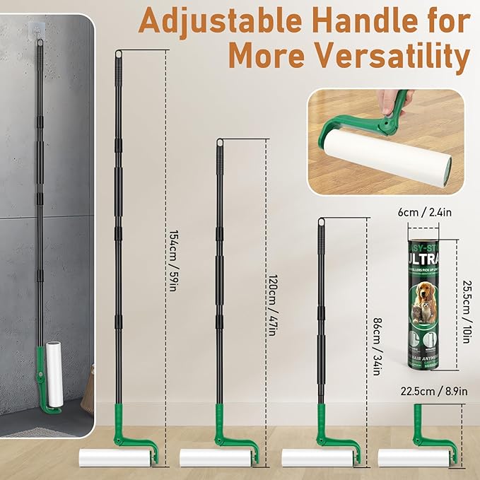 10" Large Lint Roller for Pet Hair Extra Sticky, Long Handle Floor Sticky Rollers with Big Lint Roller Refills for Cleaning Carpets, Cars, Furniture,Clothing, and Pet Hair,Green-PurrikoPets