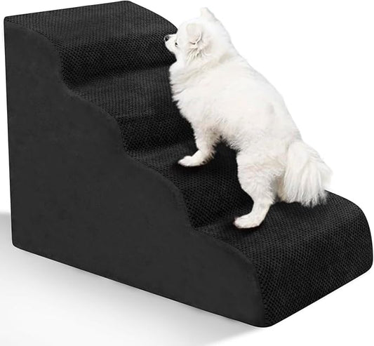 Dog Stairs for Small Dogs - High Density Foam Pet Steps, Extra Wide Dog Ramp with Non-Slip Bottom for High Beds, Couch and Sofa, Best for Dogs Injured, Older Doggy Cats, 4 Steps, Black-PurrikoPets