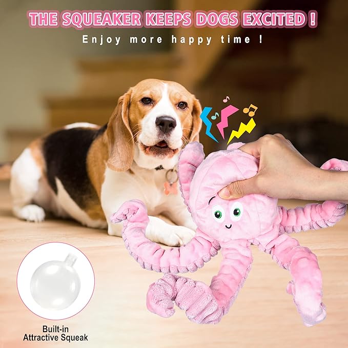 Dog Squeaky Toys Octopus - Tough Plush Large Medium & Small Dog Toys - Stuffed Animals Puppy Toys (Octopus Pink)-PurrikoPets