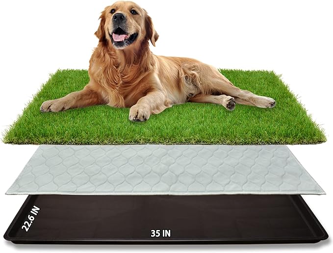 Dog Grass Large Potty Patch, Dog Litter Boxes Artificial Grass Bathroom Turf for Pet Training, Washable Puppy Pee Pad, Perfect Indoor/Outdoor Portable Potty Pet Loo (Tray system-35"X22.6")-PurrikoPets