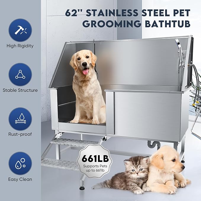 62" Pet Dog Bathing Station,Professional Stainless Steel Dog Grooming Tub,Pet Bathing Tub Dog Bathing Station with Faucet Walk-in Ramp Accessories,Commercial or Household use, (Extra Large)-PurrikoPets