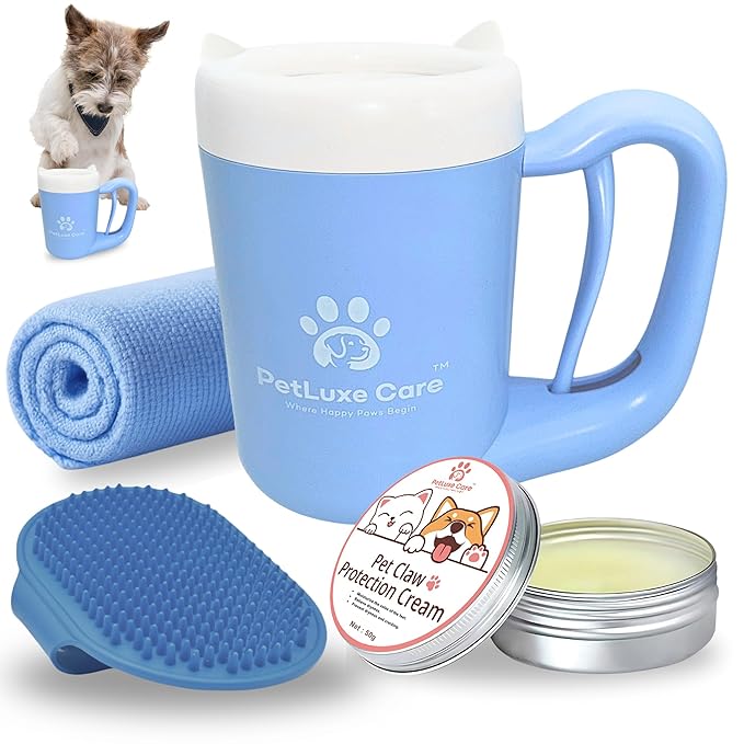 Dog Paw Cleaner for Small & Medium Dogs – Portable Paw Washer Cup with Soft Silicone Brush, Towel & Moisturizing Balm – Gently Cleans Muddy Paws After Walks (Blue, Small)-PurrikoPets