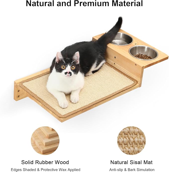 FUKUMARU Cat Wall Shelves, 3 In 1 Cats Walls Furniture Set, Food Station with 2 Steps , Solid Rubber Wood Perch, Suitable for Kitten Play, Nap, Eat, DIY Wall Jungle Gym-PurrikoPets
