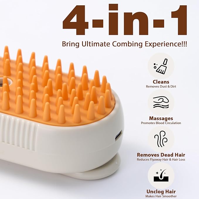 4 in 1 Cat Steam Brush, Rechargeable Steam Brush for Cats and Dogs, Anti-Static Cat Spray Brushes, Massage, Cleaning, Shedding & Combing All In One! Beige-PurrikoPets