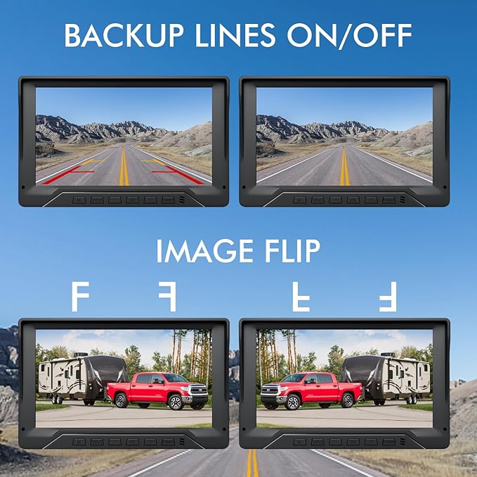 Dual RV Backup Camera Plug and Play, 7'' Backup Camera for Truck Trailer, No Delay, 1080P HD, 2 Channels, 150° Wide Angle, DIY Guide Lines, Night Vision, IP69 Rear View Camera-PurrikoPets