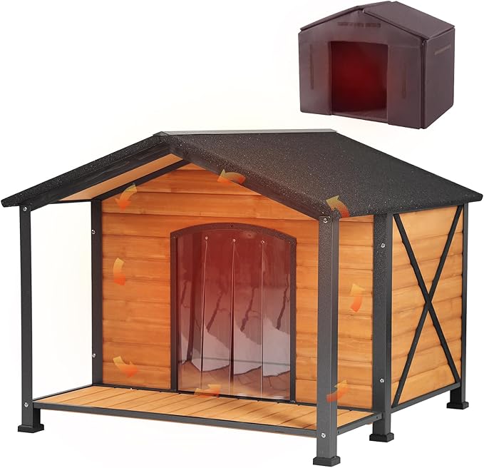 Dog House Outdoor Large Insulated Dog Kennel with Liner for Winter Waterproof Dog Cage for Small & Medium & Large Dogs,Unique All-Around Iron Frame-PurrikoPets