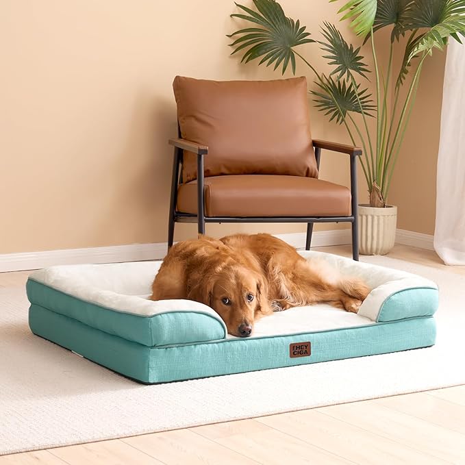 EHEYCIGA Orthopedic Dog Beds for Extra Large Dogs, Waterproof Memory Foam XL Pet Bed with Sides, Non-Slip Bottom and Egg-Crate Foam Big Dog Couch Bed with Washable Removable Cover, Turquoise Blue-PurrikoPets