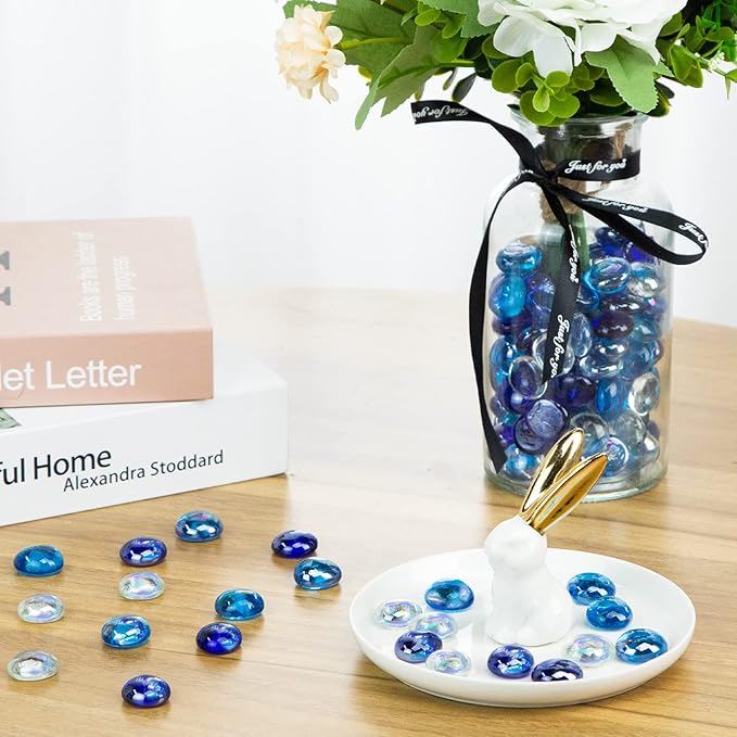 FUTUREPLUSX 1LB Iridescent Flat Glass Marbles, Blue Mixed Glass Beads Vase Fillers Decorative Gem Pebbles Sparkling Floral Fish Tank Rocks for Vases Table Scatter Aquarium Decor DIY Craft-PurrikoPets