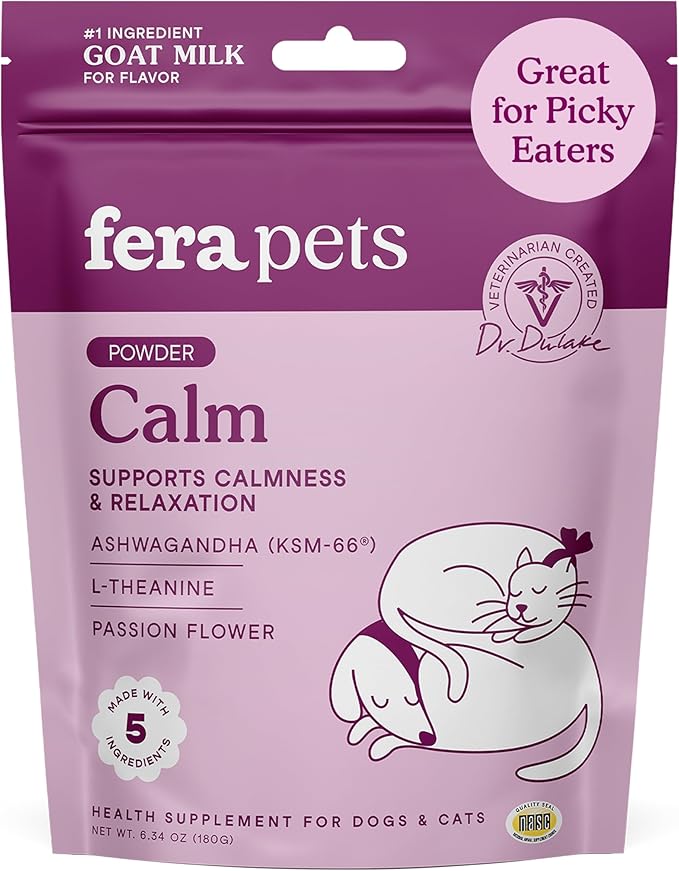 Fera Pets Goat Milk - Calming Supplement for Dogs & Cats - Ashwagandha, L-Theanine, & Passion Flower - Supports Anxiety Relief & Relaxation - for Picky Eaters - 60 TSP-PurrikoPets