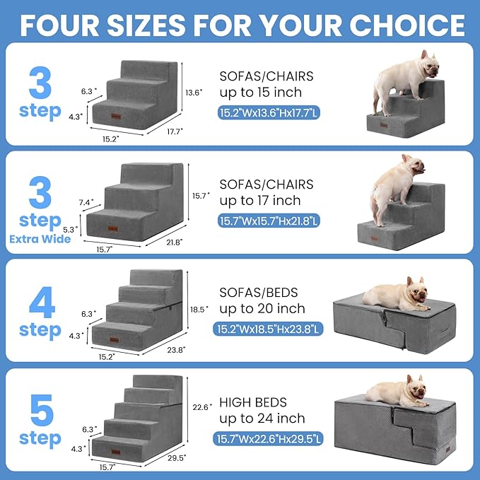 Dog Stairs for Small Dogs & Cats, 3-Step Non-Slip Pet Steps for Couch Sofa and Chair, Grey, 13.6" H-PurrikoPets
