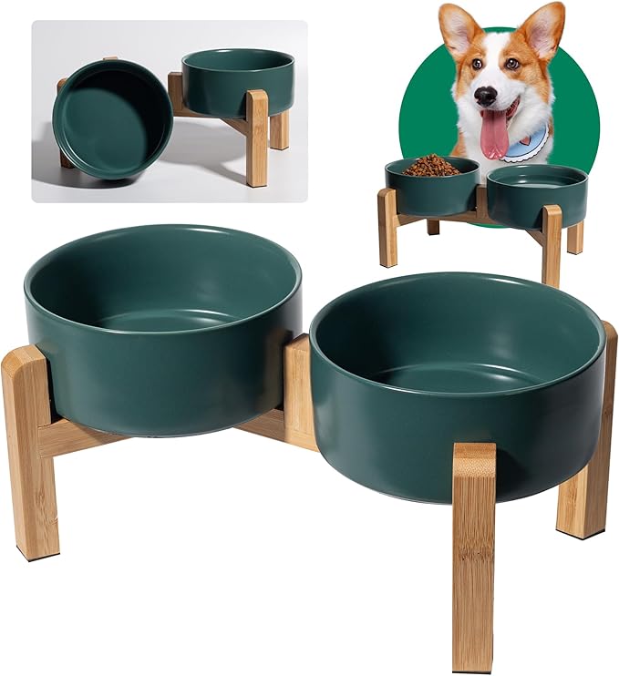 Elevated Ceramic Dog Bowl Set - Raised Dog Bowls with Non-Slip Bamboo Stand - Dog Food and Water Bowl Set - Double Dog Feeding Bowls - Suitable for Small and Medium Dogs - 28.74 OZ - 3.6 CUPS - 850 ML-PurrikoPets