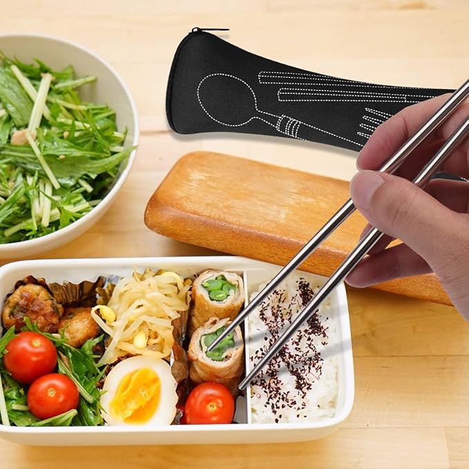 6 Pack Reusable Flatware Sets Knife, Fork, Spoon, Chopsticks, 24Pcs Portable Travel Stainless Steel Tableware Dinnerware with Carrying Case-PurrikoPets