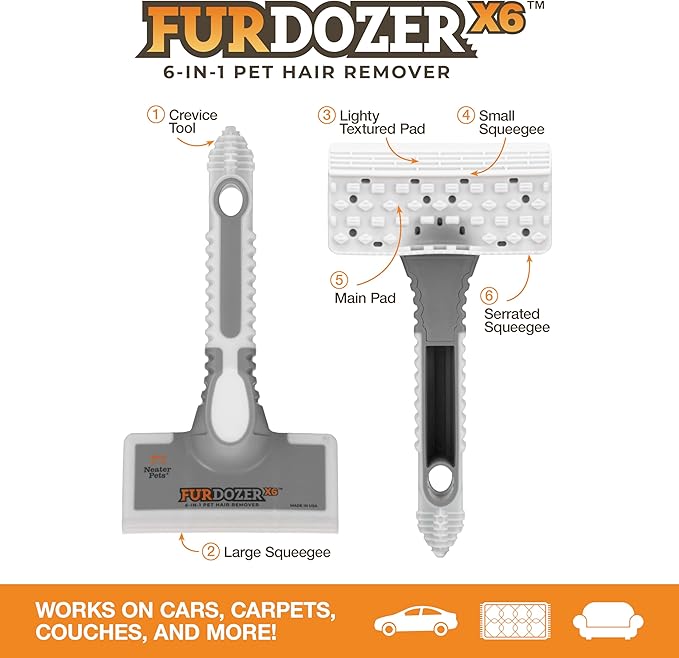 FurDozer X6 Pet Hair Remover & Auto Detailing Tool - Cat & Dog Hair Remover for Carpets, Car Interiors, Couches, Bedding, & Furniture - Reusable Pet Hair Removal Tool for Cat and Dog Fur & Lint, Grey-PurrikoPets
