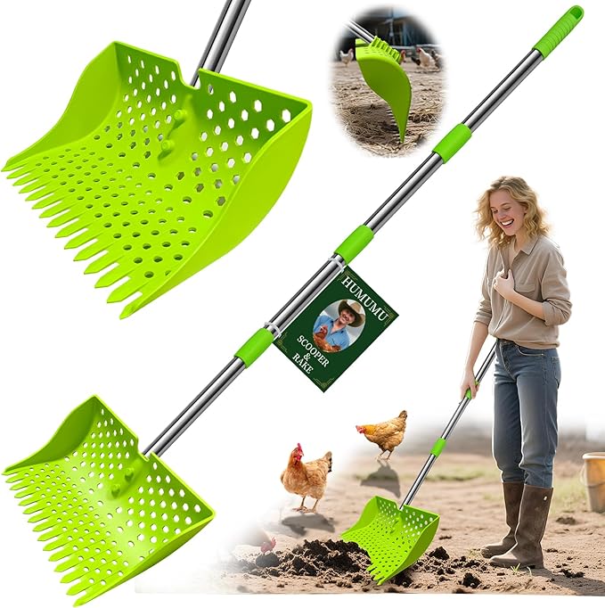 12-Inch 2-in-1 Chicken Poop Scooper & Rake – US Patent Pending – 3-Shape Sifting Holes Chicken Coop Rake，Stainless Steel Handle （20–61"）– Litter Scoop Sand & Sifting Shovel for Chicken Coops(Green)-PurrikoPets