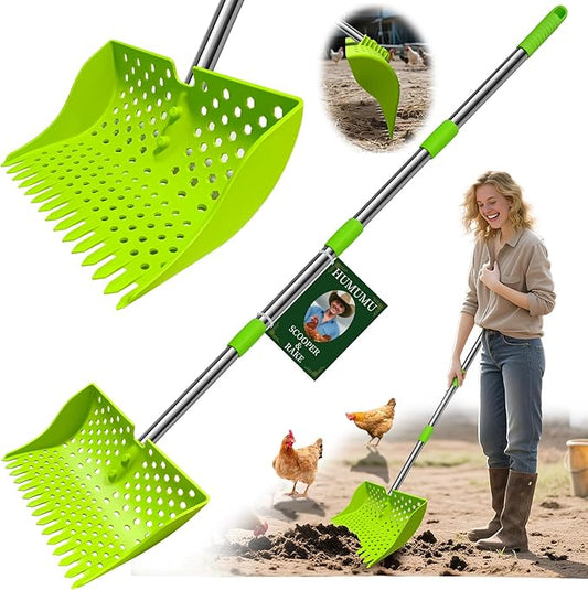 12-Inch 2-in-1 Chicken Poop Scooper & Rake – US Patent Pending – 3-Shape Sifting Holes Chicken Coop Rake，Stainless Steel Handle （20–61"）– Litter Scoop Sand & Sifting Shovel for Chicken Coops(Green)-PurrikoPets