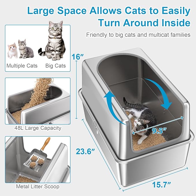 16'' High Sides XXXL All Stainless Steel Cat Litter Box with Lid,8'' Deep Metal Litter Box for Big Cats,Extra Large Litter Boxes with High Wall Enclosure,Anti-Leakage,Never Absorbs Odors,Non-Sticky-PurrikoPets