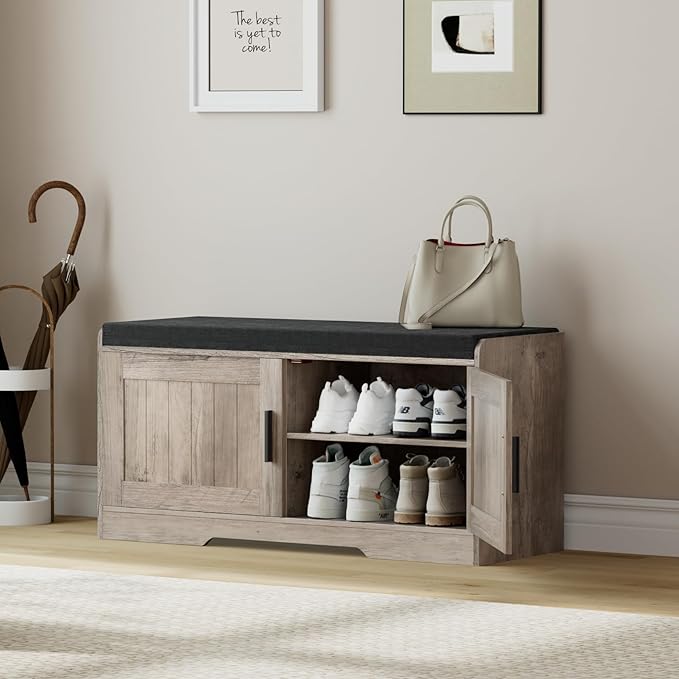 2-Tier Storage Bench, Shoe Bench with Thickened Padded Seat Cushion, Entryway Bench with 2 Doors, Adjustable Shelf, 13.8" D x 37.4" W x 18.5" H, for Entryway, Living Room, Bedroom, Greige-PurrikoPets