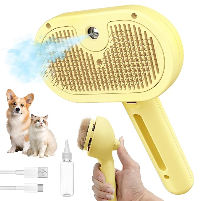 3 In 1 Self-Cleaning Steamy Brush for Pet Grooming - Anti-Static Flying Hair Spray, Removes Loose Hair and Reduces Shedding for Long and Short Fur, Yellow-PurrikoPets