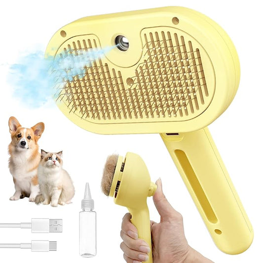 3 In 1 Self-Cleaning Steamy Brush for Pet Grooming - Anti-Static Flying Hair Spray, Removes Loose Hair and Reduces Shedding for Long and Short Fur, Yellow-PurrikoPets