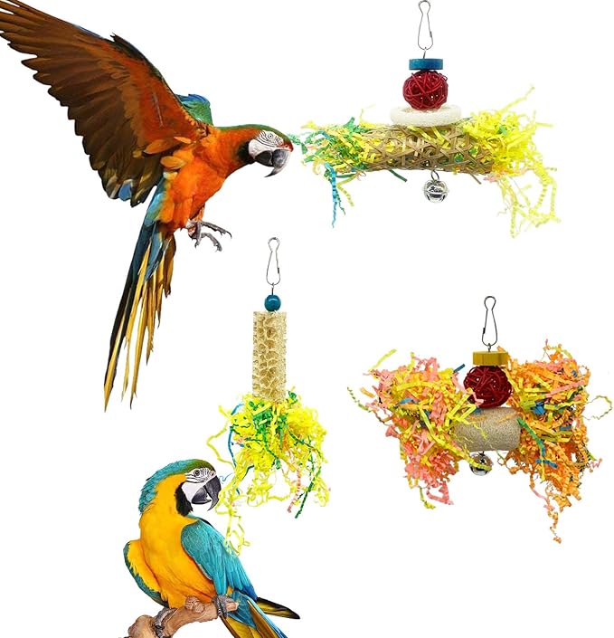 EBaokuup Bird Parrots Shredding Toys Parakeet Chewing Toys Bird Loofah Toys Parrot Cage Shredder Toys Bird Foraging Hanging Toys Bird Accessories for Parrots Lovebird Cockatiel Conure African Grey-PurrikoPets