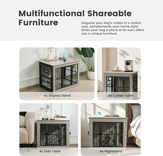 Gardner Pet Dog Crate Furniture for Small Dog, 27.2 Inches Dog Kennel Indoor, Wooden Dog Cage End Table, Heavy Duty Dog Crates, Rustic Grey-PurrikoPets