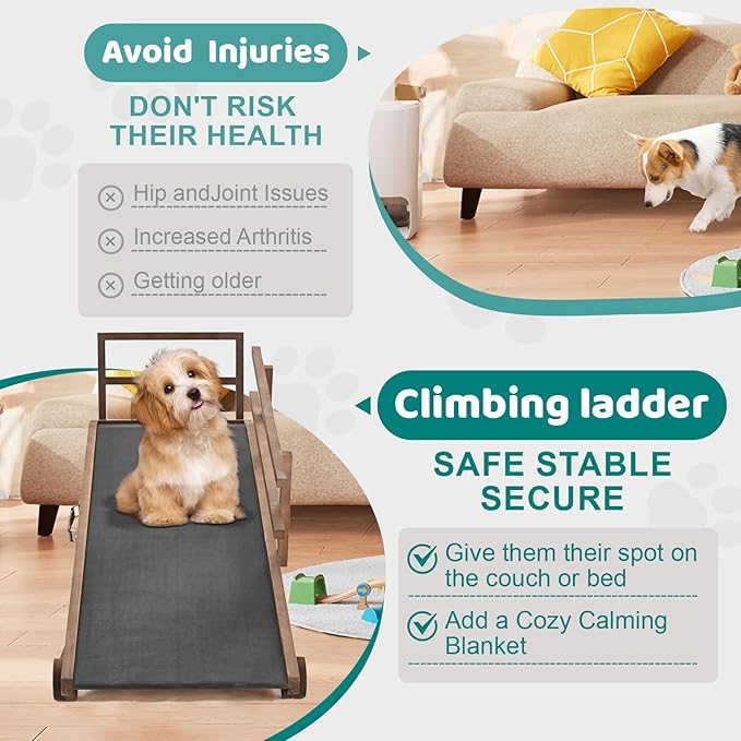 Dog Ramp for Bed, Adjustable Pet Ramps for Dog to Get on Bed, Non-Slip Rubber Surface - Folding Wooden Dog Ramp for Small/Large/Old Dogs, Adjustable up to 31 inch High Beds, Safety Railings-PurrikoPets