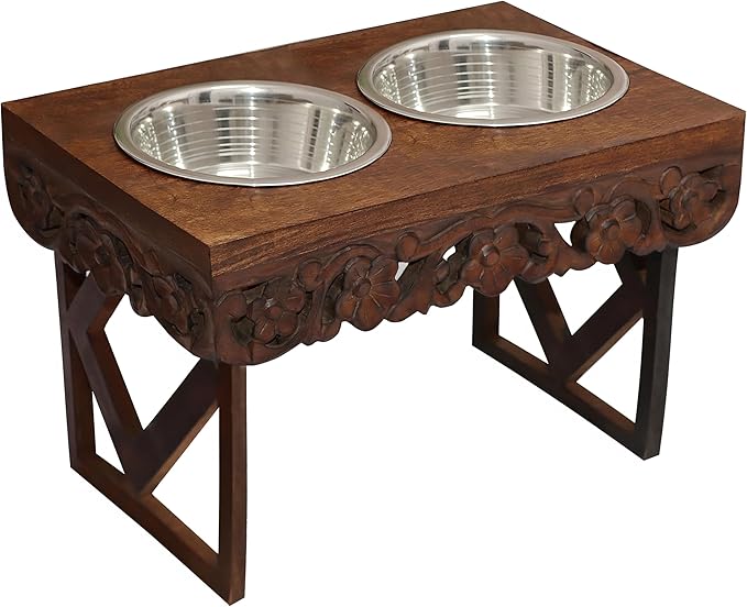 Elevated Pet Feeder for Dogs and Cats - The Bali Carved Wood Pet Feeding Stand with Two Stainless Steel Bowls - Three Heights Adjustable Raised Dog Bowl - Food Water Pet Feeding Station - IRONGATE-PurrikoPets