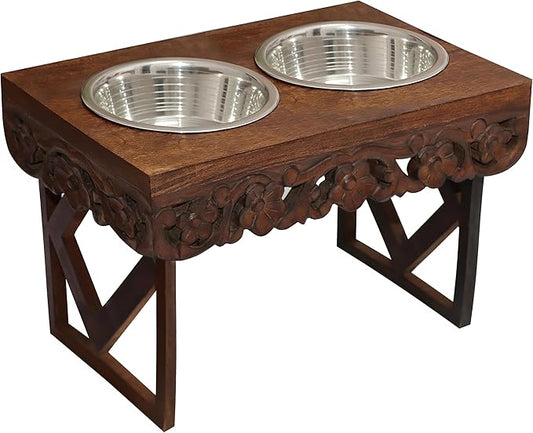 Elevated Pet Feeder for Dogs and Cats - The Bali Carved Wood Pet Feeding Stand with Two Stainless Steel Bowls - Three Heights Adjustable Raised Dog Bowl - Food Water Pet Feeding Station - IRONGATE-PurrikoPets