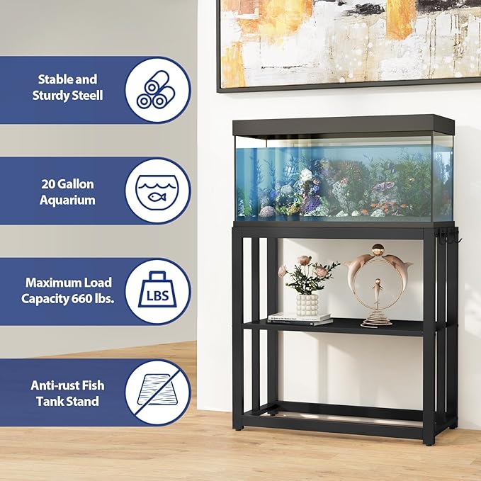 30.7" W x 13" Inch for 20-29 Gallon Long Fish Tank Stand With Storage Shelf, Aquarium Stand With Hooks,Heavy Duty Metal Turtle Reptile Tank Stand, Easy Assemble-PurrikoPets