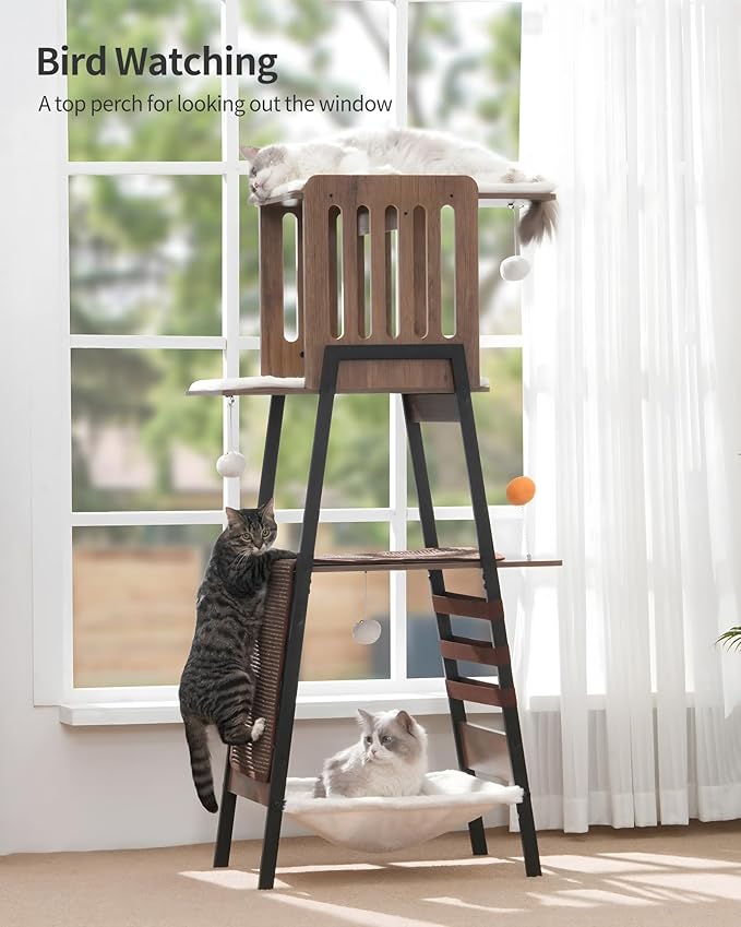 FourFurPets Modern Cat Tree, 58-Inch Cat Tower for Large Cats, Maine Coon Cat Tree with Scratching Board, Large Perch, Hammock and Removable Pads, Greige-PurrikoPets