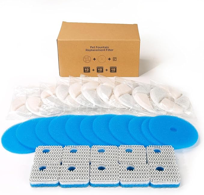 10 Set Cat Water Fountain Filter Replacement for Square 2.2L/73oz Stainless Steel Cat Fountain, ZEKIRY Pet Fountain Filter, Triple Filtration Replacement Filters(10 Filter, 10 Sponge, 10 8D Sponge)-PurrikoPets