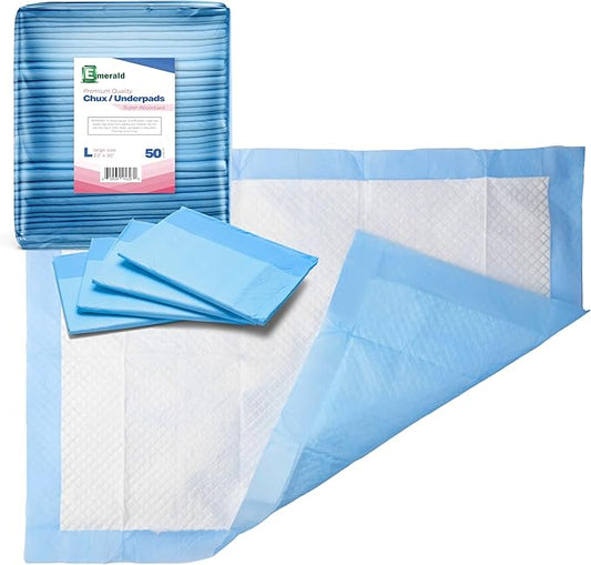 Emerald Incontinence Underpads, 50 Pads, Waterproof Plastic Backing, Highly Absorbent Cotton Fluff, Non-Skid, for Bedwetting, Pets, Seniors-PurrikoPets