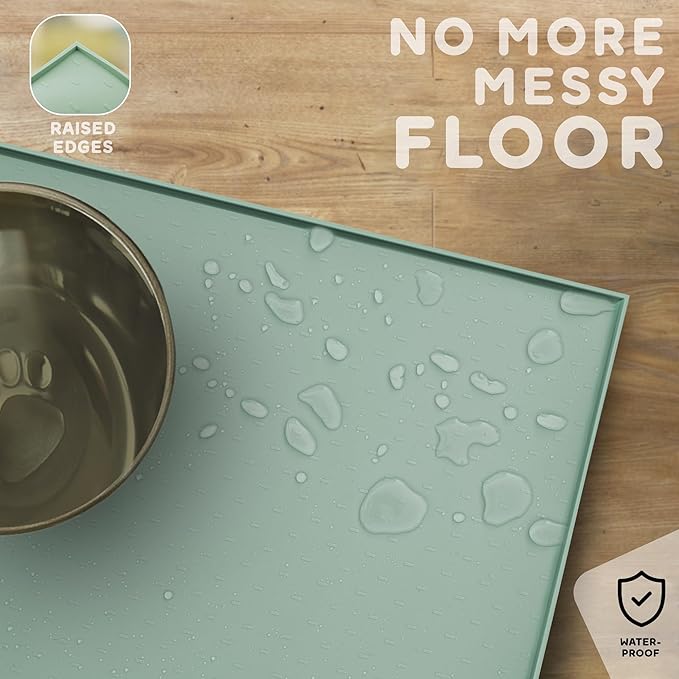 Dog Food Mat - 28x18 Raised Edges Dogs Mat for Food and Water Prevent Spill, Waterproof Cat Food Mats Protect Floors, Easy Clean Dog Bowl Mats for Food and Water, Silicone Pet Feeding Placemats-PurrikoPets