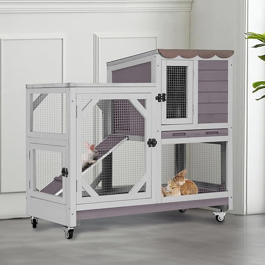 AIVITUVIN 2-Story Rabbit Hutch Indoor for 2-4 Rabbits & Guinea Pigs Wooden Small Animal Cage Guinea with Chew-Proof Design & Slide-Out Trays Bunny Cage with Lockable Wheels-PurrikoPets