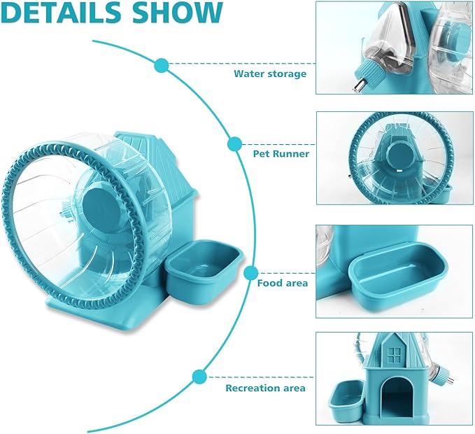 4 in 1 Silent Large Hamster Wheel Multifunctional Hamster Running Wheel Quite Running Spinner Wheel Accessories with Food Bowl Water Bottle for Hamsters Dwarf Gerbil (Blue)-PurrikoPets