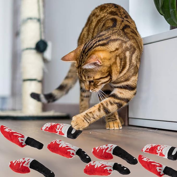8pcs Catnip Toy, Indoor Knife Shaped Cat Toy Horror Plush Interactive Chew Bite Toys for Halloween Christmas Cat Kitten Indoor Festive Holiday Cat Lover Gift-PurrikoPets
