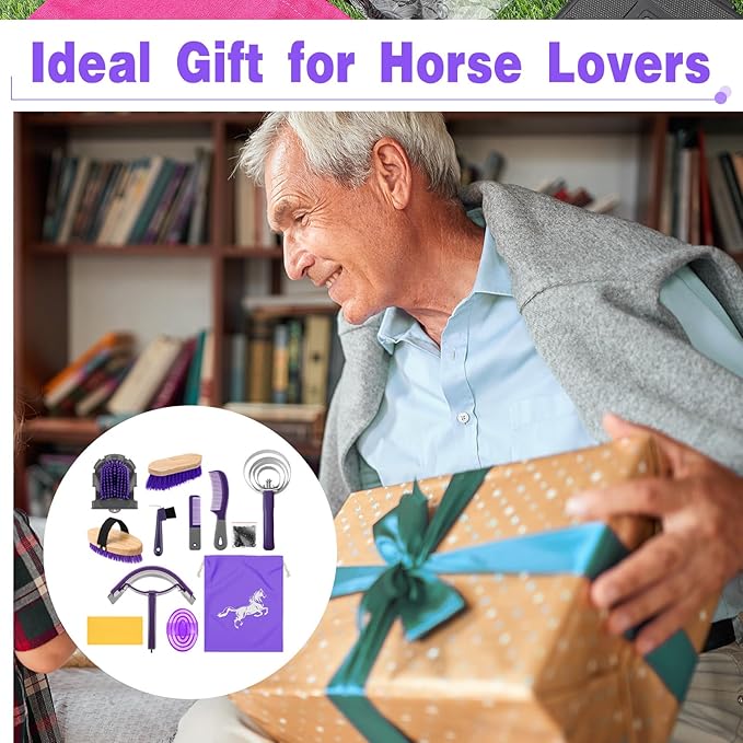 Abbylike 12 Pieces Horse Grooming Kit Racing Festival Tack Room Supplies Horse Brush Sets Equine Care Cleaning Kit Shedding Grooming Massaging Tools(Gray and Purple)-PurrikoPets